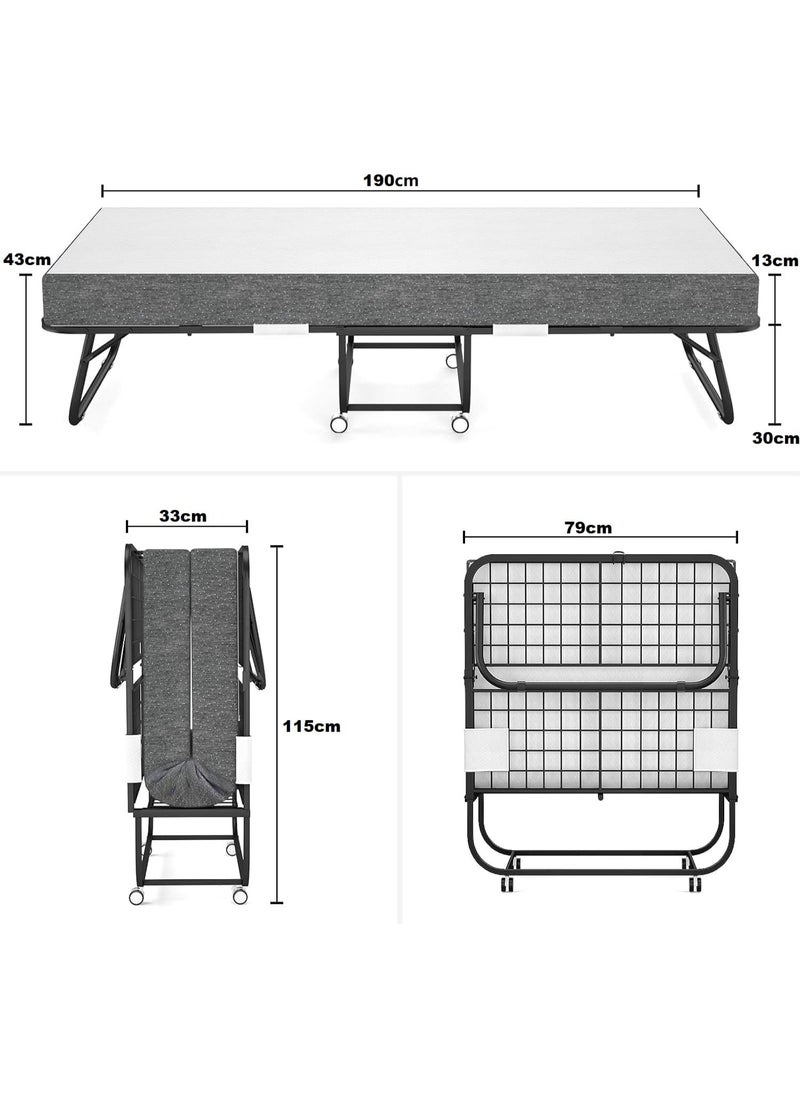 Portable Foldable Beds Strong Sturdy Frame Folding Bed 190 x 80cm with Memory Foam Mattress Rollaway Beds for Home and Office