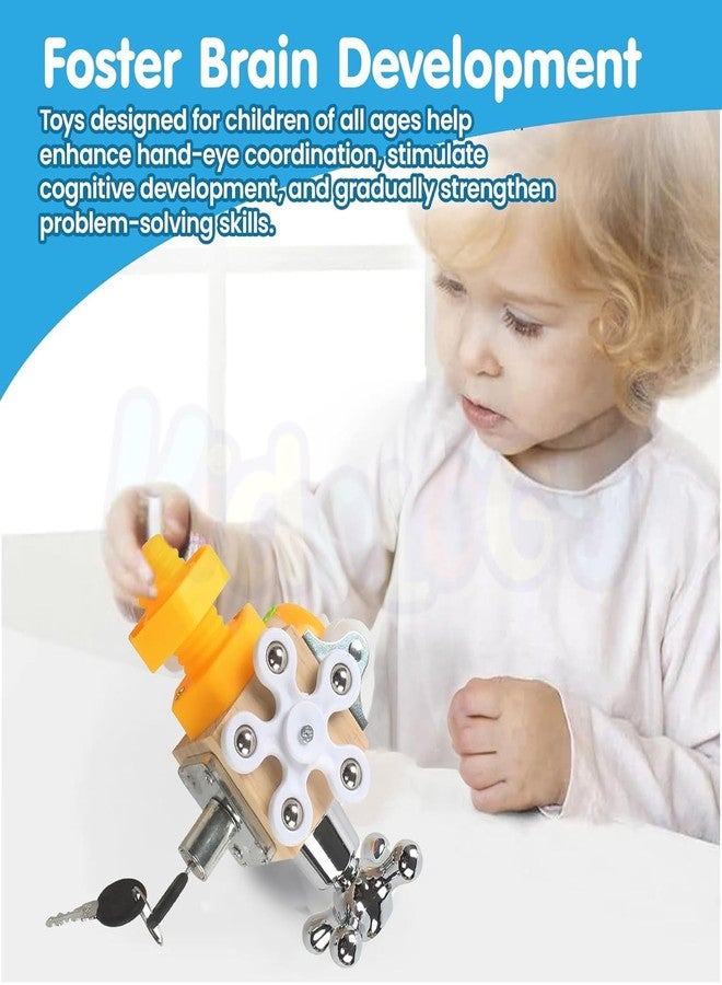 Bloombec 7-in-1 Wooden Busy Cube for Kids with Locks, Fidget Spinner and Switches | Montessori Toy Sensory Busy Board for Toddlers | Travel Toy for Kids - Image 3