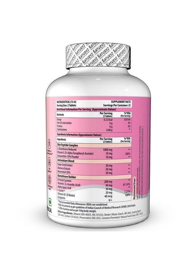 NATURYZ High Potency L-Glutathione 1000mg per serving Glow Supplement for Women & Men | Highest 11 Nutrients | Skin Peptide Complex for Depigmentation | Antioxidant Blend | Glutathione Builder for Radiant & Brightening Skin - 50 Tablets - Image 2