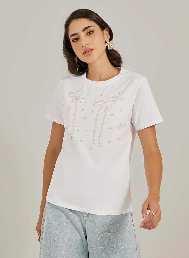 Styli Faux Pearl Embellished Round Neck T-Shirt