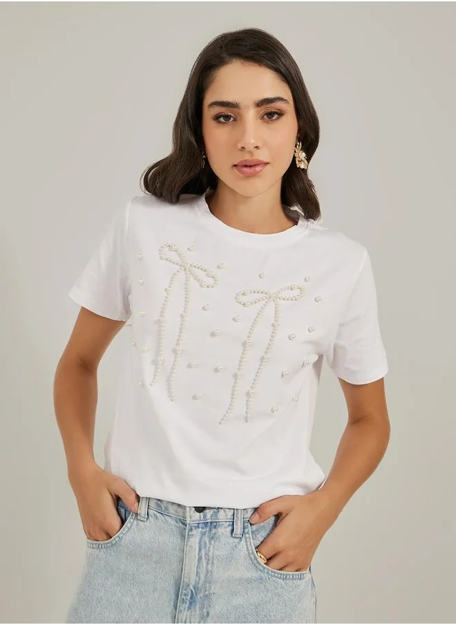 Styli Faux Pearl Embellished Round Neck T-Shirt