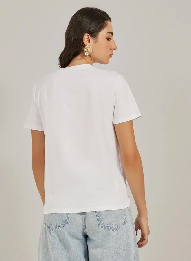 Styli Faux Pearl Embellished Round Neck T-Shirt