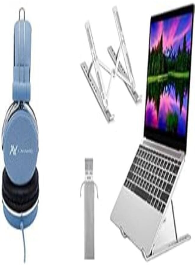 L'avvento Laptop Essentials Bundle (L'avvento (HP06L) Headphone Stereo Golden Plug With 40mm Speaker Driver - 1.5M - Blue + Adjustable Laptop Stand, Portable Aluminium Laptop Riser Laptop Holder for Desk) 