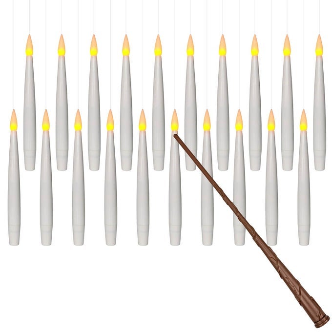 20PCS FLAMELESS TAPER FLOATING CANDLES WITH MAGIC WAND REMOTE FLICKERING WARM LIGHT BATTERY OPERATED 61 LED ELECTRIC WINDOW CANDLE DECOR FOR CHRISTMAS WEDDING HALLOWEEN BIRTHDAY PARTY