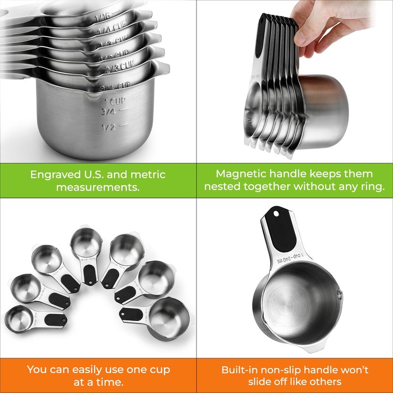 Spring Chef Magnetic Stainless Steel Measuring Cups, Patented, Kitchen Tools with Easy to Read Markings for Measuring Dry or Liquid Ingredients, Set of 7, Black - Image 4