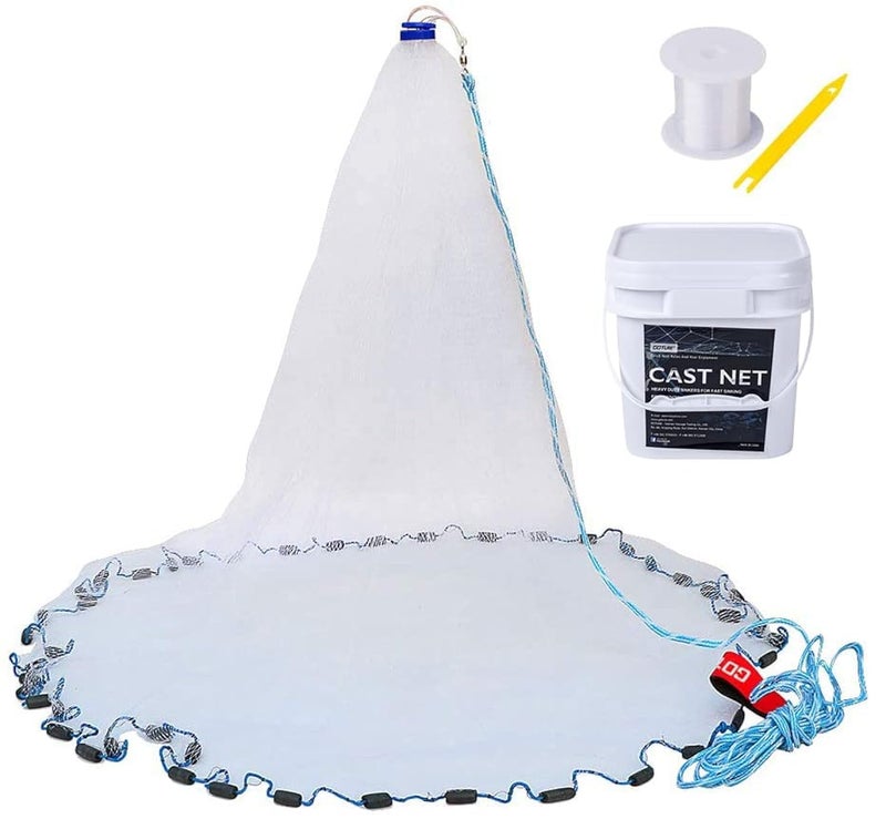 Goture American Fishing Cast Net,Casting Nets Freshwater Saltwater for Bait Fish Shrimp Trap 3ft/4ft/6ft/7ft/8ft/10ft/12ft Radius 1/4 3/8 inch Mesh Size,Throw Fishing Castnet with Needle Shuttle - Image 1