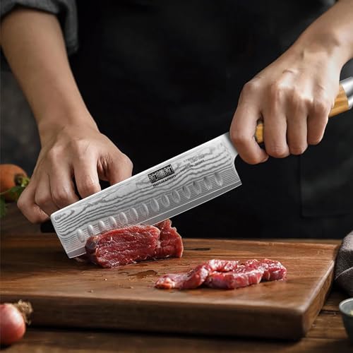 HOSHANHO Damascus Nakiri Knife 6.5 Inch, Super Sharp Damascus 10Cr15CoMoV Japanese Kitchen Knife, Cleaver and Vegetable Knife with Ergonomic Olive Wood Handle - Image 5