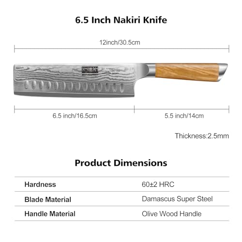 HOSHANHO Damascus Nakiri Knife 6.5 Inch, Super Sharp Damascus 10Cr15CoMoV Japanese Kitchen Knife, Cleaver and Vegetable Knife with Ergonomic Olive Wood Handle - Image 2