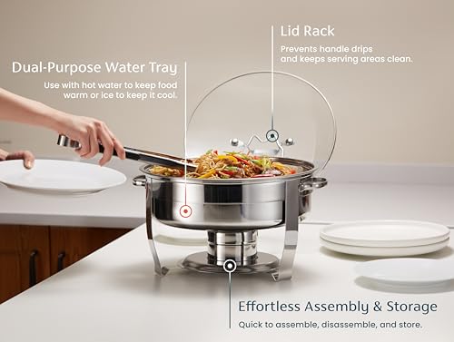 Kook Chafing Dish for Buffet Set, by Kook, Catering Food Warmers, Round Dishes, Warmer Tray, Stainless Steel with Glass Cover and Holder, for Parties, Dinners, 4.5 Qt - Image 2