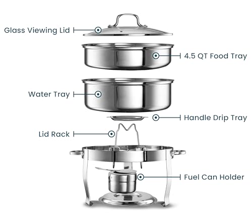 Kook Chafing Dish for Buffet Set, by Kook, Catering Food Warmers, Round Dishes, Warmer Tray, Stainless Steel with Glass Cover and Holder, for Parties, Dinners, 4.5 Qt - Image 4