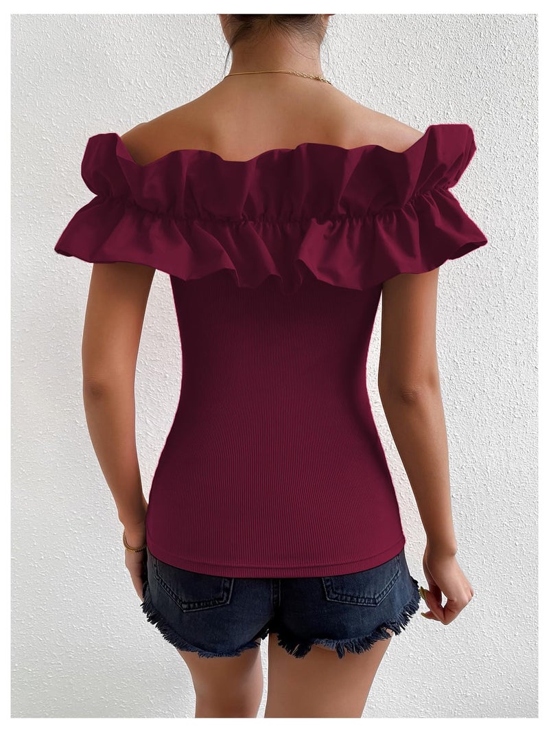 OYOANGLE Women's Ruffle Trim Off Shoulder Short Sleeve Blouse Party Tops Shirt Burgundy Medium - Image 2