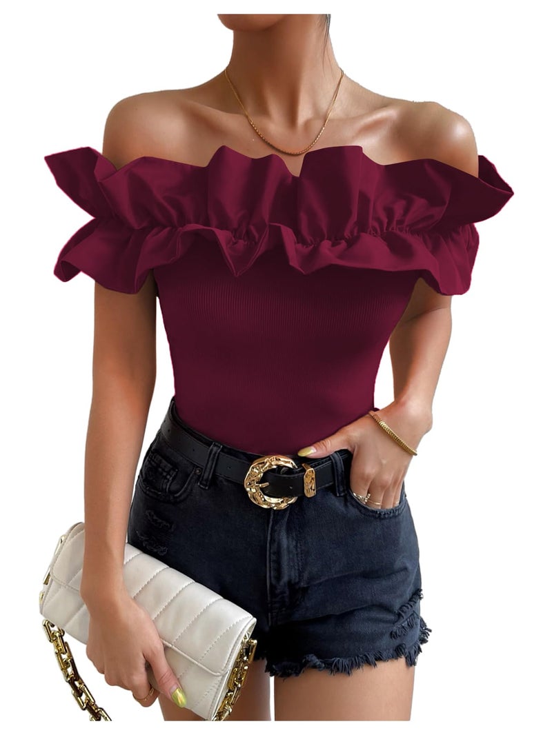 OYOANGLE Women's Ruffle Trim Off Shoulder Short Sleeve Blouse Party Tops Shirt Burgundy Medium - Image 1