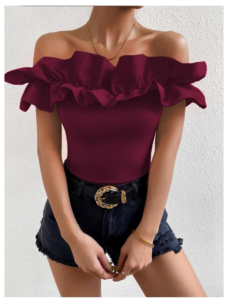 OYOANGLE Women's Ruffle Trim Off Shoulder Short Sleeve Blouse Party Tops Shirt Burgundy Medium - Image 5