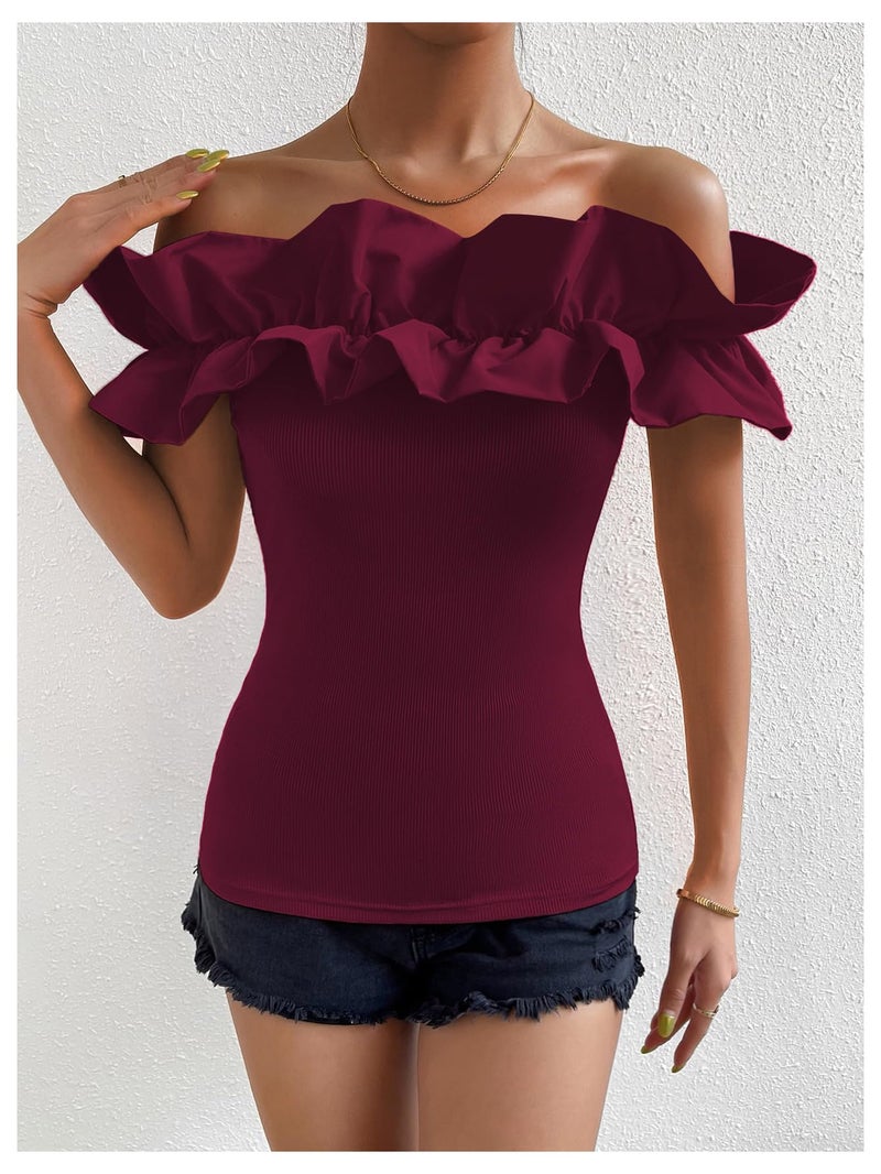 OYOANGLE Women's Ruffle Trim Off Shoulder Short Sleeve Blouse Party Tops Shirt Burgundy Medium - Image 4