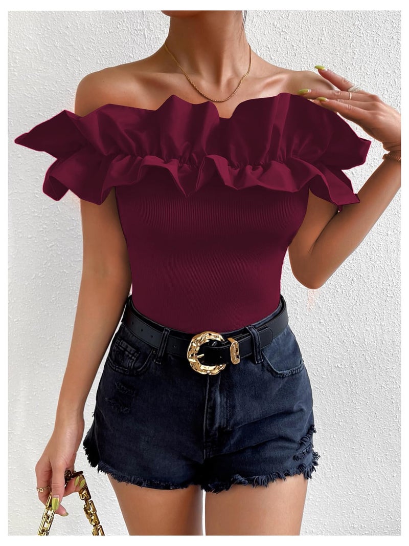 OYOANGLE Women's Ruffle Trim Off Shoulder Short Sleeve Blouse Party Tops Shirt Burgundy Medium - Image 3