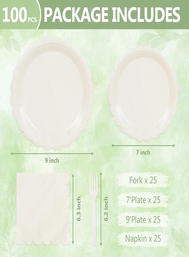 Mulbozy 100 Cream Plates and Napkins Disposable Set Includes 25-9" & 25-7" Dessert Cake Scalloped Plates, Cocktail Napkins, Forks for for Holiday Party Supplies - Image 2