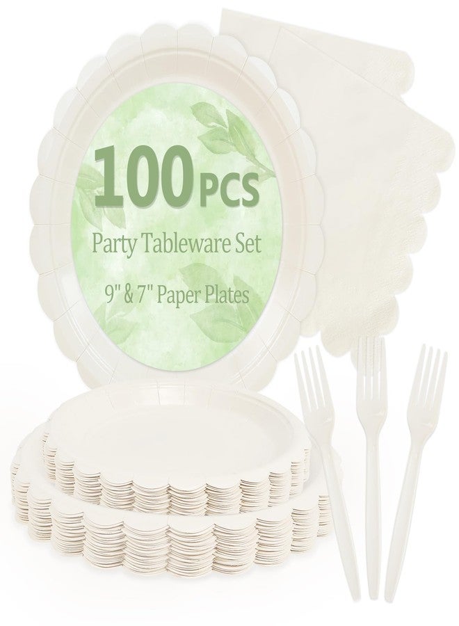 Mulbozy 100 Cream Plates and Napkins Disposable Set Includes 25-9" & 25-7" Dessert Cake Scalloped Plates, Cocktail Napkins, Forks for for Holiday Party Supplies - Image 1