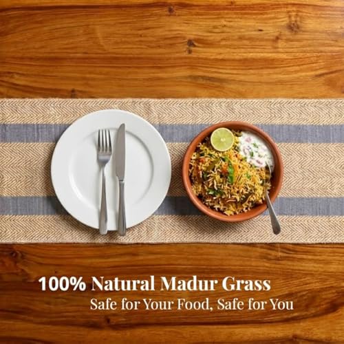 Peepul Tree Handmade Table Runner-4 Seater| Natural Grass Table Runner for Coffee & Centre Table | Non-Slippery | Heat-Resistant |12" x 60"Inch | Powder Bule & Off White | Home Decor Gift Items - Image 4