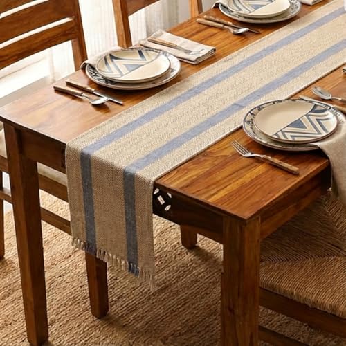 Peepul Tree Handmade Table Runner-4 Seater| Natural Grass Table Runner for Coffee & Centre Table | Non-Slippery | Heat-Resistant |12" x 60"Inch | Powder Bule & Off White | Home Decor Gift Items - Image 1
