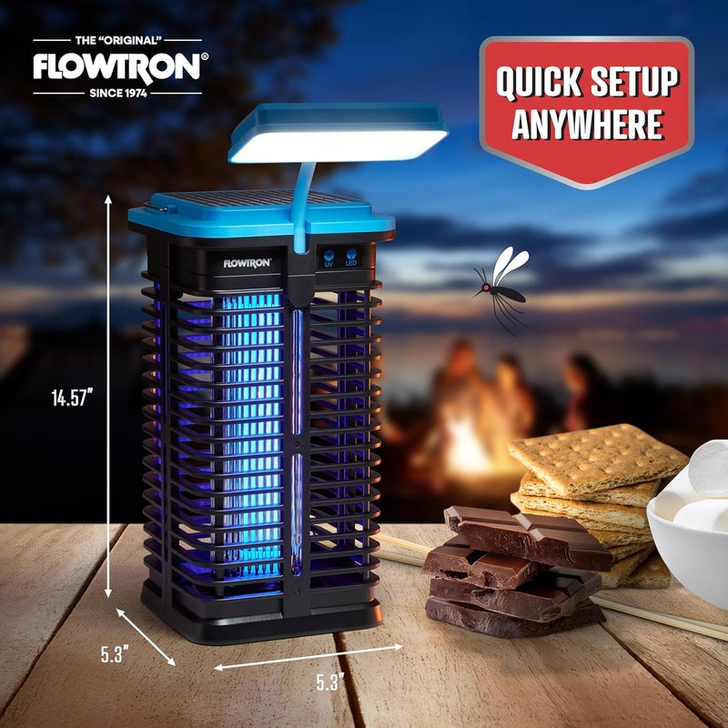 فلوترون مبيد الحشرات الشمسي Flowtron | قاتل الحشرات الكهربائي المحمول مع ضوء UV ومصباح LED | شحن USB-C وشمسي لبطارية 4000 مللي أمبير | تغطية 530 قدم مربع للبعوض والذباب للشرفة والفناء والتخييم - Image 2
