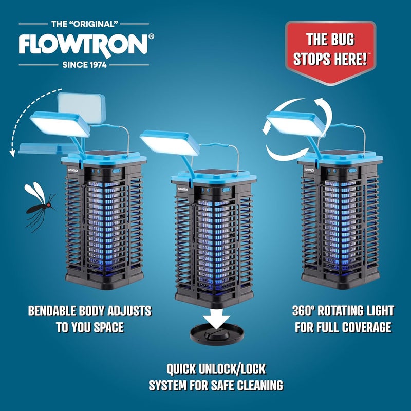 فلوترون مبيد الحشرات الشمسي Flowtron | قاتل الحشرات الكهربائي المحمول مع ضوء UV ومصباح LED | شحن USB-C وشمسي لبطارية 4000 مللي أمبير | تغطية 530 قدم مربع للبعوض والذباب للشرفة والفناء والتخييم - Image 5