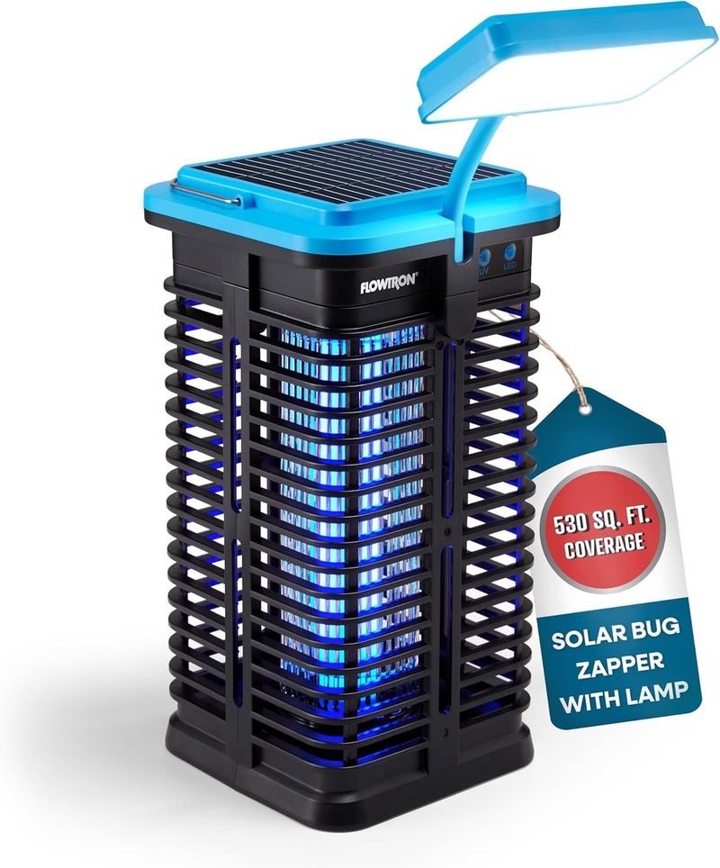 فلوترون مبيد الحشرات الشمسي Flowtron | قاتل الحشرات الكهربائي المحمول مع ضوء UV ومصباح LED | شحن USB-C وشمسي لبطارية 4000 مللي أمبير | تغطية 530 قدم مربع للبعوض والذباب للشرفة والفناء والتخييم - Image 1