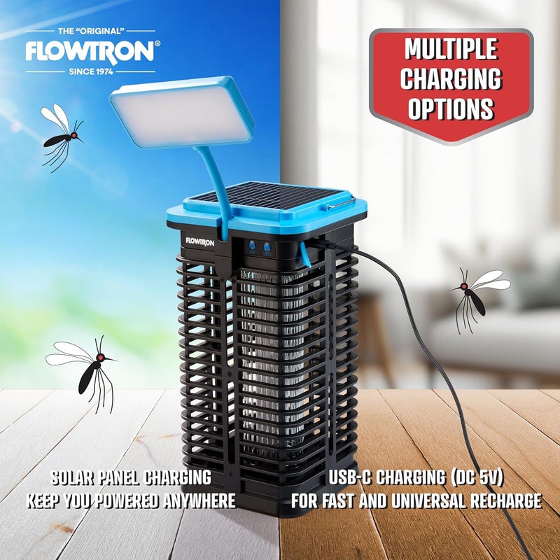 فلوترون مبيد الحشرات الشمسي Flowtron | قاتل الحشرات الكهربائي المحمول مع ضوء UV ومصباح LED | شحن USB-C وشمسي لبطارية 4000 مللي أمبير | تغطية 530 قدم مربع للبعوض والذباب للشرفة والفناء والتخييم - Image 3