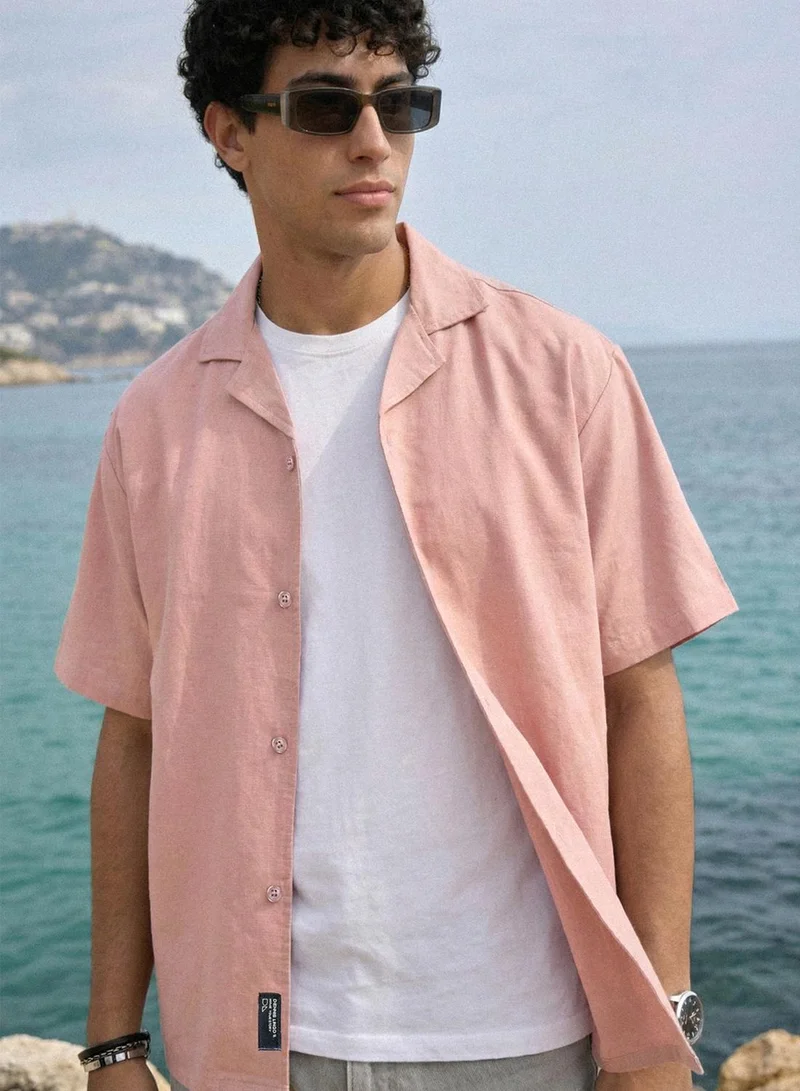 Pink Cotton Linen Solid Button Down Relaxed Shirt For Men