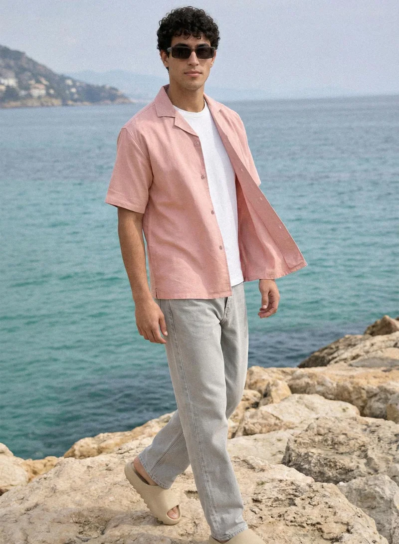 Dennis Lingo  Pink Cotton Linen Solid Button Down Relaxed Shirt For Men for Men | Best Price UAE
