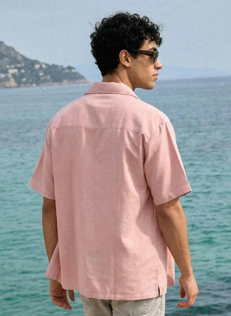 Dennis Lingo  Pink Cotton Linen Solid Button Down Relaxed Shirt For Men for Men | Best Price UAE