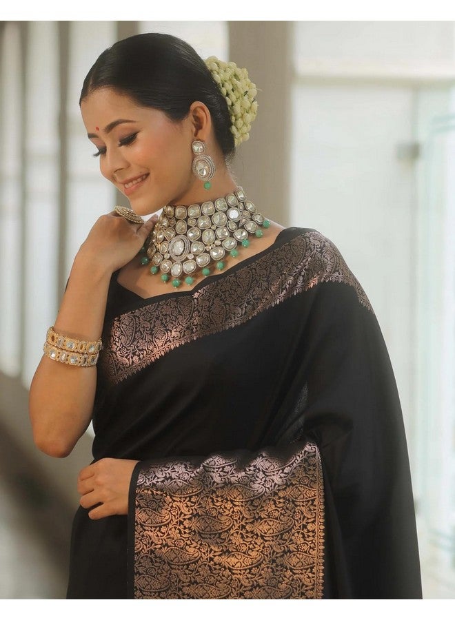 SIRIL ساري سيريلي النسائي من حرير كانجيفارام النقي ساري ناعم بأسلوب بناراسي مع قطعة بلوزة لحفل الزفاف (3991S497_أسود) - Image 5