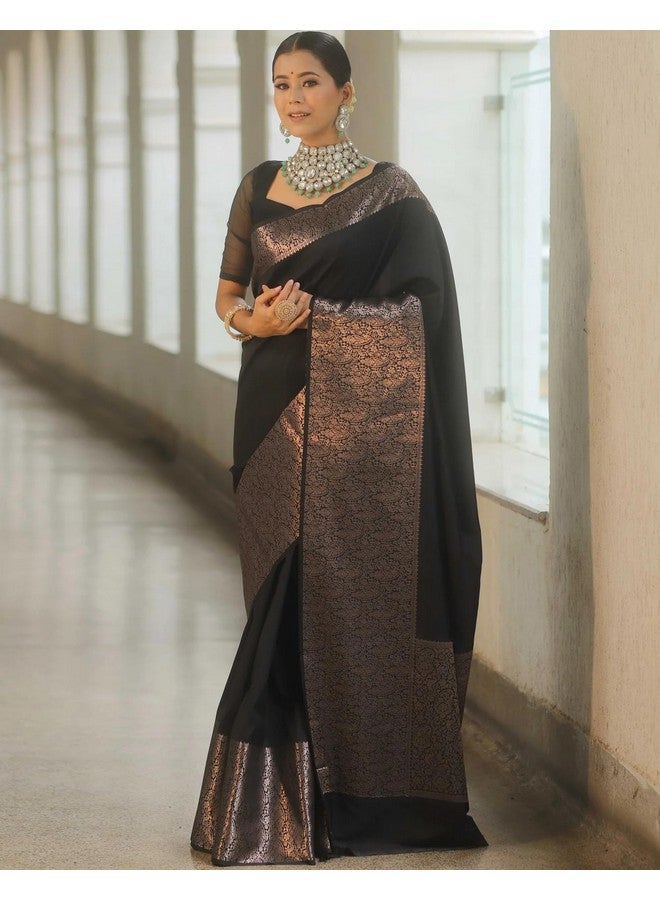 SIRIL ساري سيريلي النسائي من حرير كانجيفارام النقي ساري ناعم بأسلوب بناراسي مع قطعة بلوزة لحفل الزفاف (3991S497_أسود) - Image 2