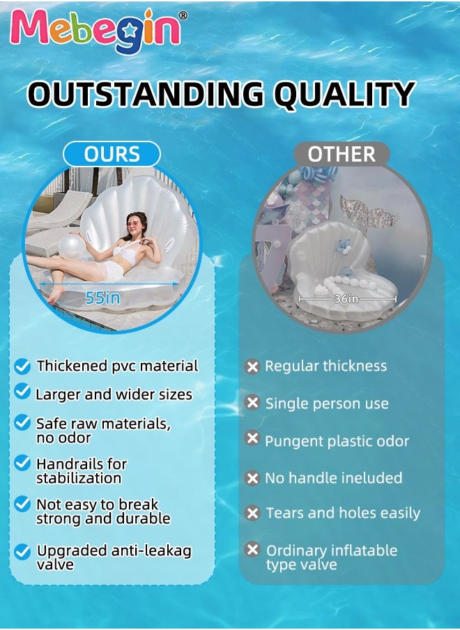 MEBEGIN - Inflatable Seashell Floatie with Pearl Ball, Blow Up Giant Pool Float, Creative Floating Bed, Water Sofa with Unique Design, Shell Pool Floating Ride-on Raft Chair, Floating Air Cushion, Suitable for Swimming Pool, Seashore and Summer Beach Party, 140*90cm - Image 1