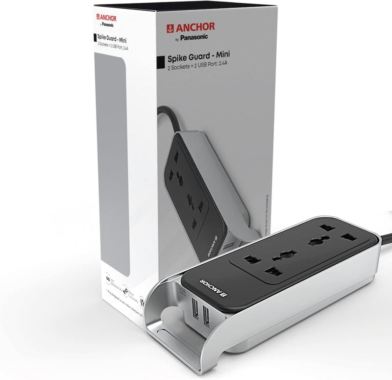 Anchor by Panasonic 6A 2 Universal Socket with 2 USB Port | 6A Extension Board with 2.4A 2 USB Port | Multi Plug Socket for Home Wall, Office (22052) - Image 1