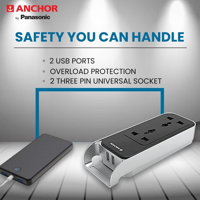 Anchor by Panasonic 6A 2 Universal Socket with 2 USB Port | 6A Extension Board with 2.4A 2 USB Port | Multi Plug Socket for Home Wall, Office (22052) - Image 4