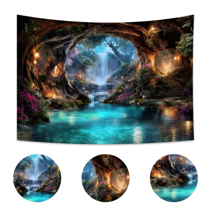 Imirell Fairy Woodland Backdrop 7Wx5H Feet Enchanted Teal Spring Flower Green Tree Waterfall Cave Polyester Fabric Magic Nature Botanical Photography Backgrounds Photo Shoot Decor Props Decoration - Image 3