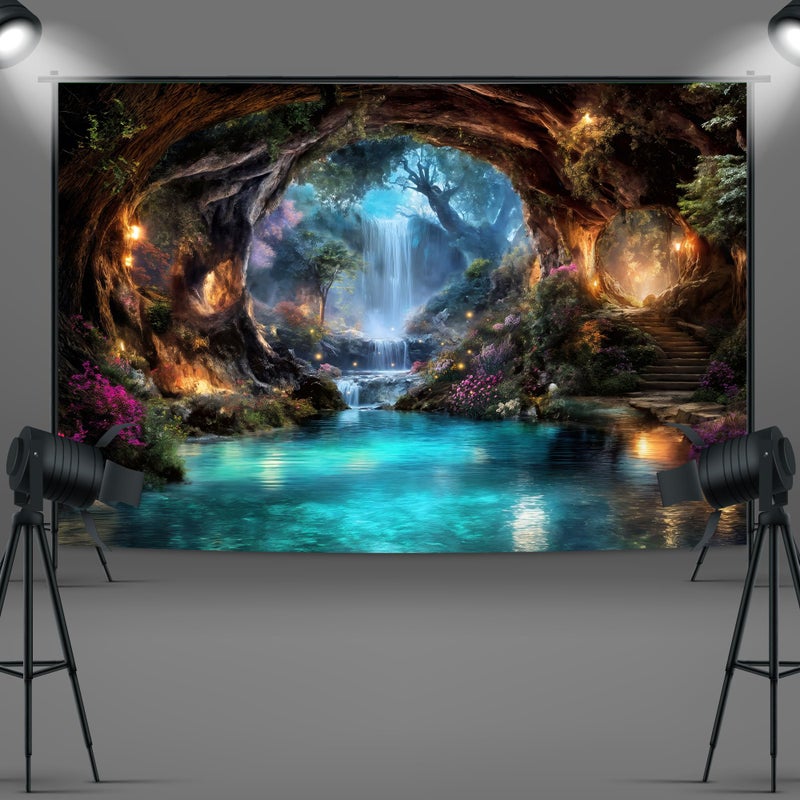 Imirell Fairy Woodland Backdrop 7Wx5H Feet Enchanted Teal Spring Flower Green Tree Waterfall Cave Polyester Fabric Magic Nature Botanical Photography Backgrounds Photo Shoot Decor Props Decoration - Image 5