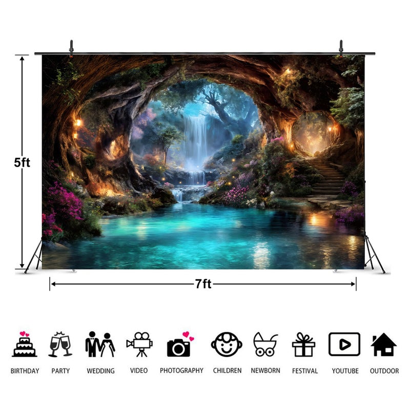 Imirell Fairy Woodland Backdrop 7Wx5H Feet Enchanted Teal Spring Flower Green Tree Waterfall Cave Polyester Fabric Magic Nature Botanical Photography Backgrounds Photo Shoot Decor Props Decoration - Image 4