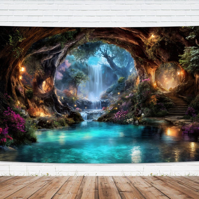 Imirell Fairy Woodland Backdrop 7Wx5H Feet Enchanted Teal Spring Flower Green Tree Waterfall Cave Polyester Fabric Magic Nature Botanical Photography Backgrounds Photo Shoot Decor Props Decoration - Image 1