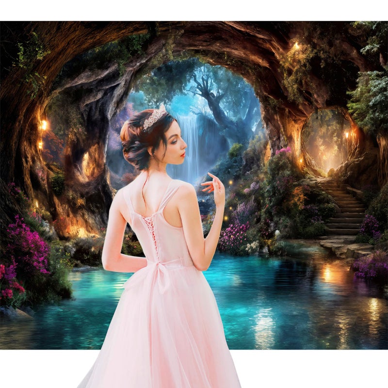Imirell Fairy Woodland Backdrop 7Wx5H Feet Enchanted Teal Spring Flower Green Tree Waterfall Cave Polyester Fabric Magic Nature Botanical Photography Backgrounds Photo Shoot Decor Props Decoration - Image 2