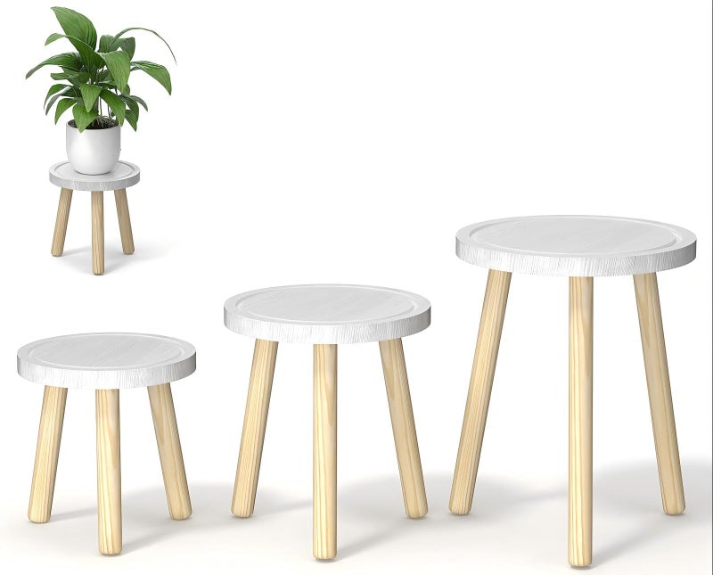 Vecxoty 3-Pack Wood Plant Stands Indoor, Single Plant Stand for 6-12 Inch Pots, Mid-Century Modern Plant Stool, Tall Plant Stand for Large Plants for Living Room, Balcony, Office (White) - Image 1