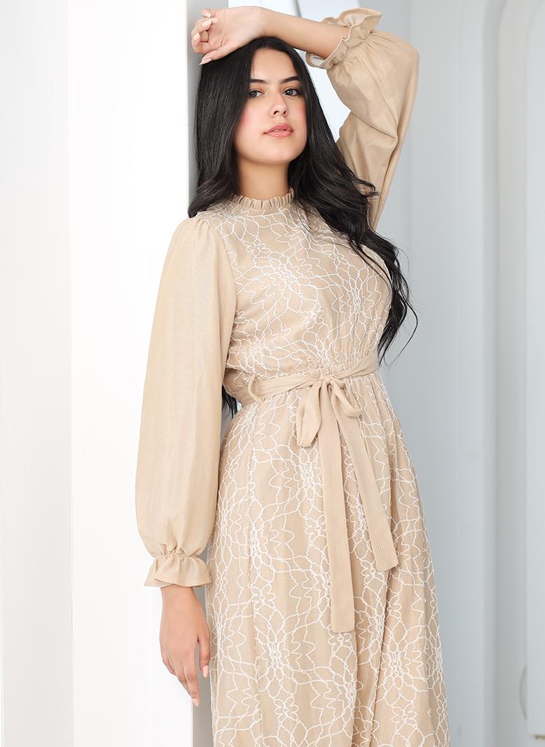 FridayIn Elegant style High collar Solid color Geometry Net yarn Splicing Flared sleeve Long Dresses Khaki - Image 5