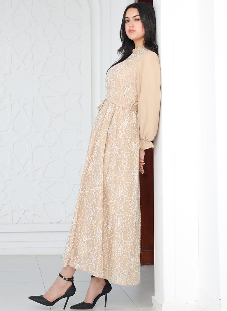 FridayIn Elegant style High collar Solid color Geometry Net yarn Splicing Flared sleeve Long Dresses Khaki - Image 4