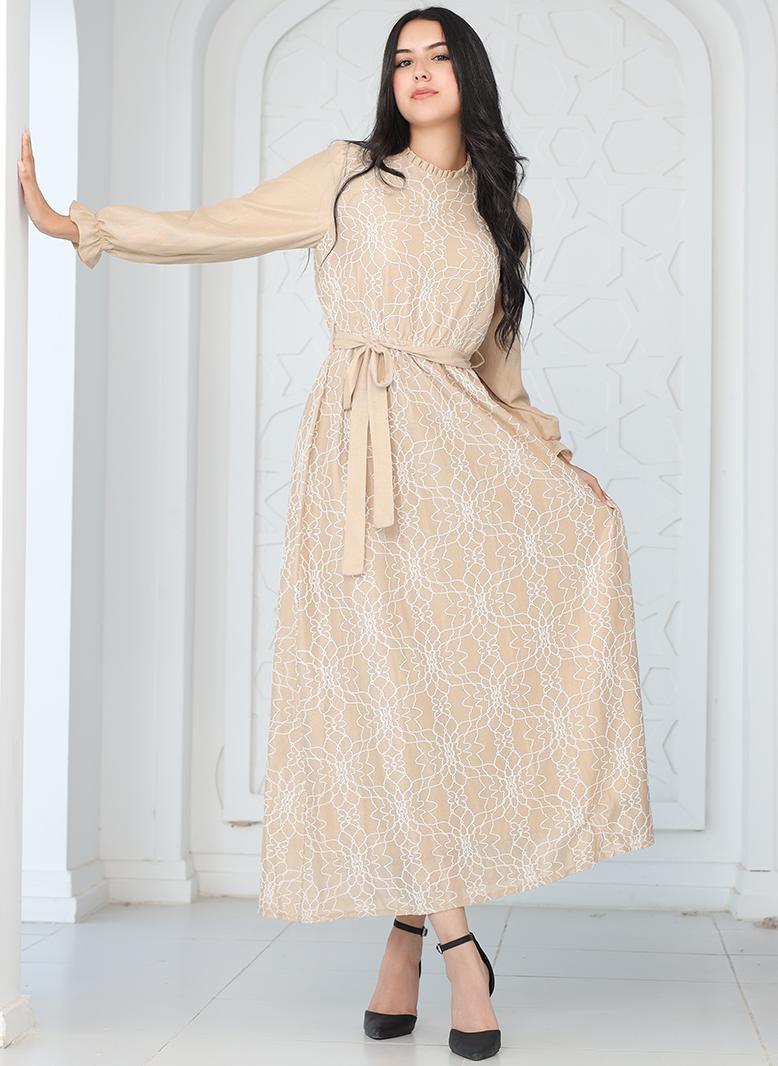 FridayIn Elegant style High collar Solid color Geometry Net yarn Splicing Flared sleeve Long Dresses Khaki - Image 1