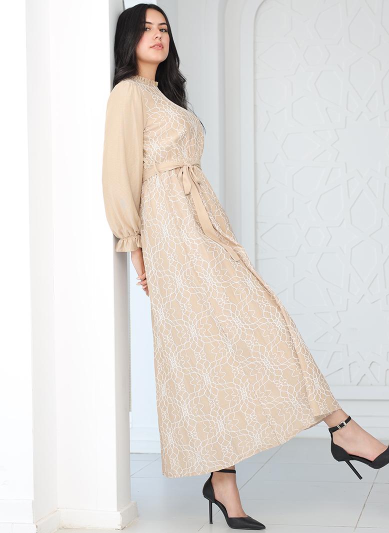 FridayIn Elegant style High collar Solid color Geometry Net yarn Splicing Flared sleeve Long Dresses Khaki - Image 3