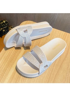 Fashionable Womens Summer Thick Bottom Sandals Diamond Embellished Beach Outerwear PVC Material One-Row Slippers For Outdoors Apricot
