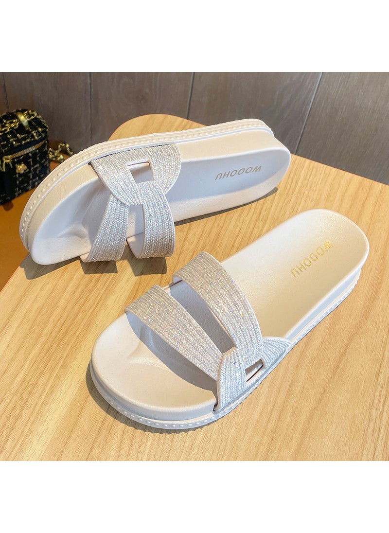 Generic - Fashionable Womens Summer Thick Bottom Sandals Diamond Embellished Beach Outerwear PVC Material One-Row Slippers For Outdoors Apricot - Image 1