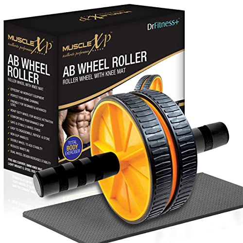 MuscleXP DrFitness+ AB Wheel Roller With Knee Mat, Stainleess Steel Rod, 6mm Knee Mat, To Tighten Abs, Strengthen Core Muscles, Tone Arms, Shoulder, Back (Black/Yellow) - Image 1
