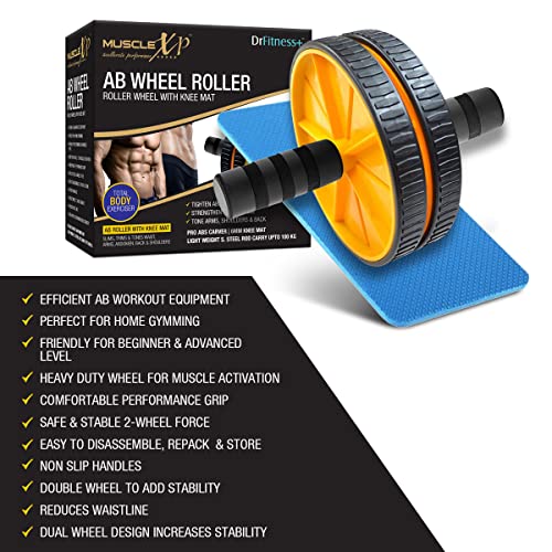 MuscleXP DrFitness+ AB Wheel Roller With Knee Mat, Stainleess Steel Rod, 6mm Knee Mat, To Tighten Abs, Strengthen Core Muscles, Tone Arms, Shoulder, Back (Black/Yellow) - Image 4