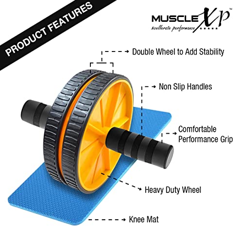 MuscleXP DrFitness+ AB Wheel Roller With Knee Mat, Stainleess Steel Rod, 6mm Knee Mat, To Tighten Abs, Strengthen Core Muscles, Tone Arms, Shoulder, Back (Black/Yellow) - Image 2